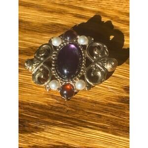 Art Deco Style Gold Tone Brooch Pin Purple Faux Stones & Pearls